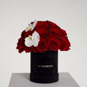 Velvet Affection red rose hat box arrangement by DV Flowers