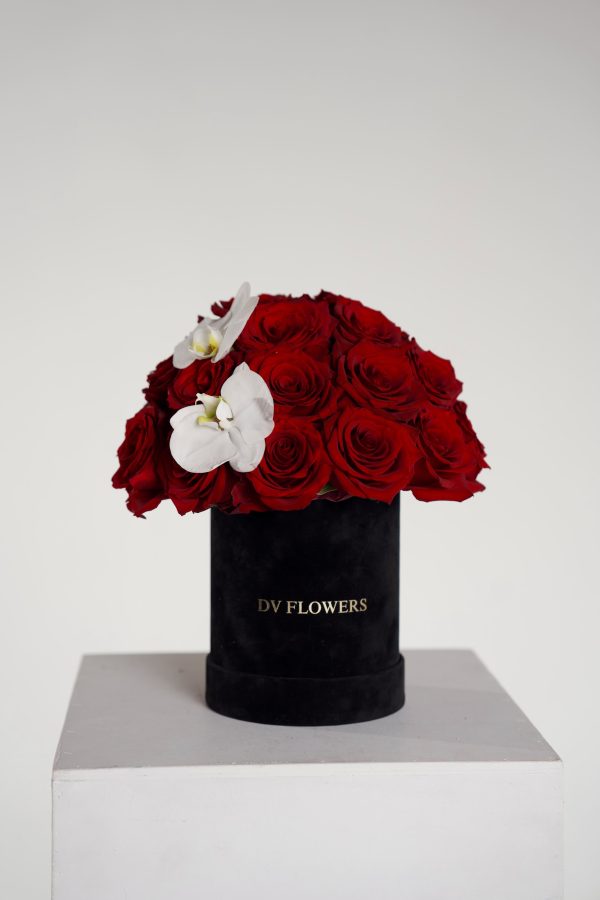 Velvet Affection red rose hat box arrangement by DV Flowers