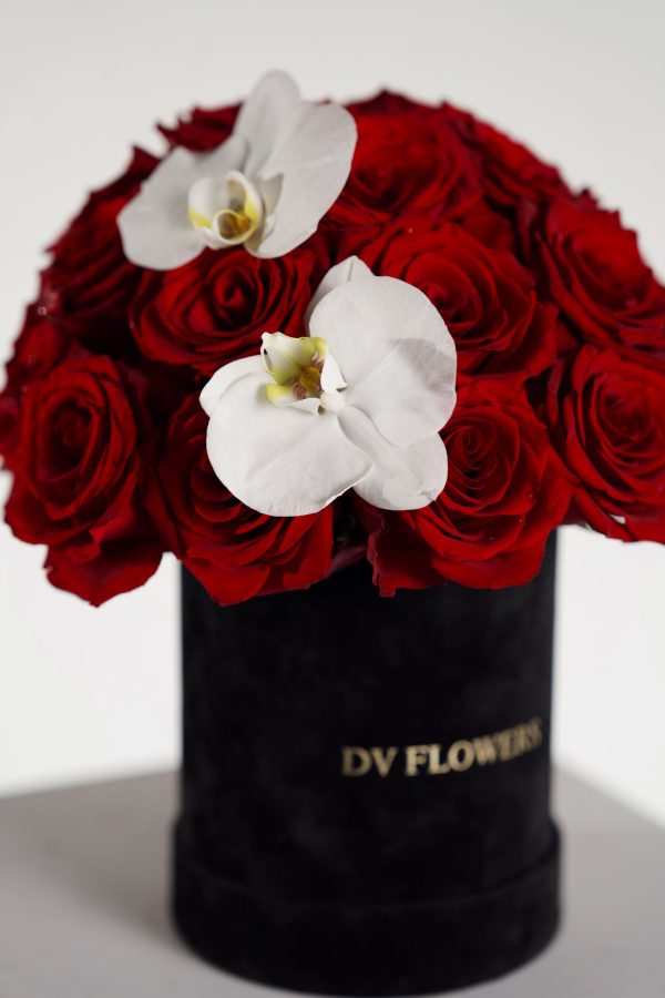 Velvet Affection red rose hat box arrangement by DV Flowers