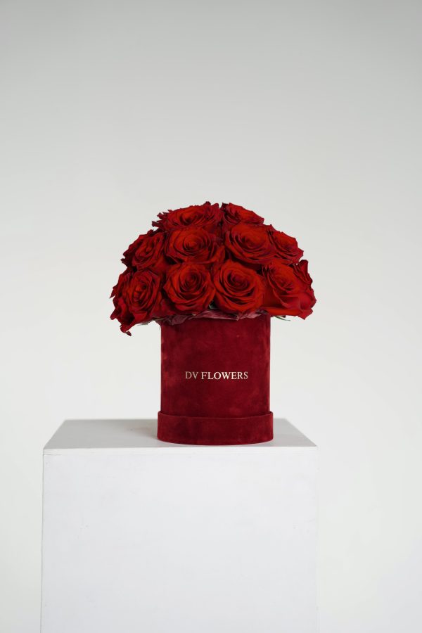 Velvet Affection red rose hat box arrangement by DV Flowers