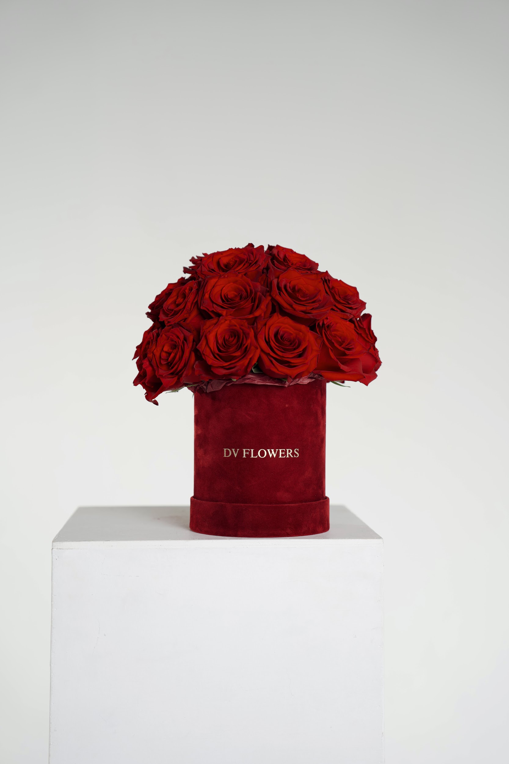 Velvet Affection red rose hat box arrangement by DV Flowers