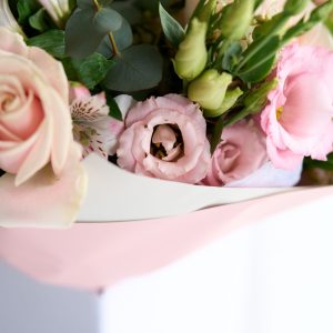 Pink Whisper bouquet with blush roses and pink lisianthus by DV Flowers