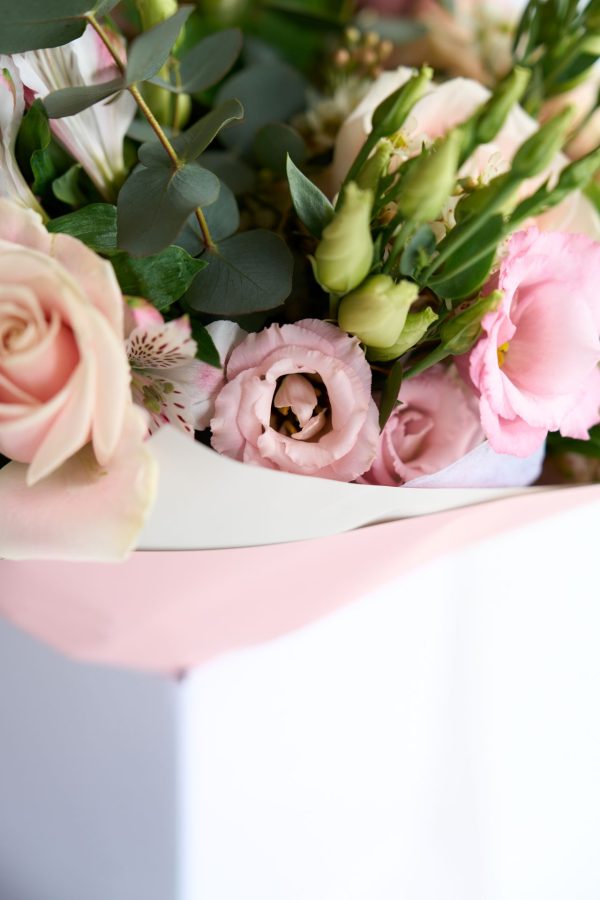 Pink Whisper bouquet with blush roses and pink lisianthus by DV Flowers