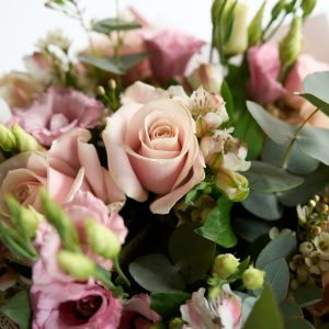 Pink Whisper bouquet with blush roses and pink lisianthus by DV Flowers