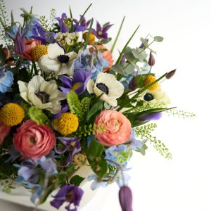 Spring Bloom Collection bouquet with blush roses and pink lisianthus by DV Flowers