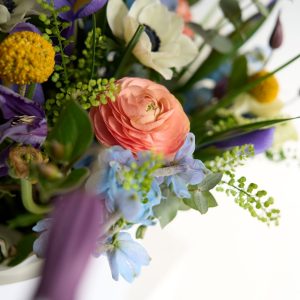 Spring Bloom Collection bouquet with blush roses and pink lisianthus by DV Flowers