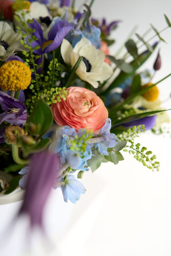 Spring Bloom Collection bouquet with blush roses and pink lisianthus by DV Flowers